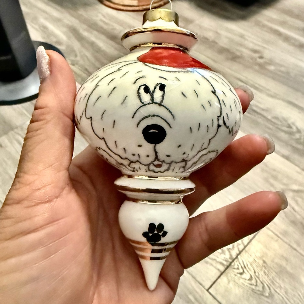 Dillards vintage woof, White and Red Dog Holiday Ornament